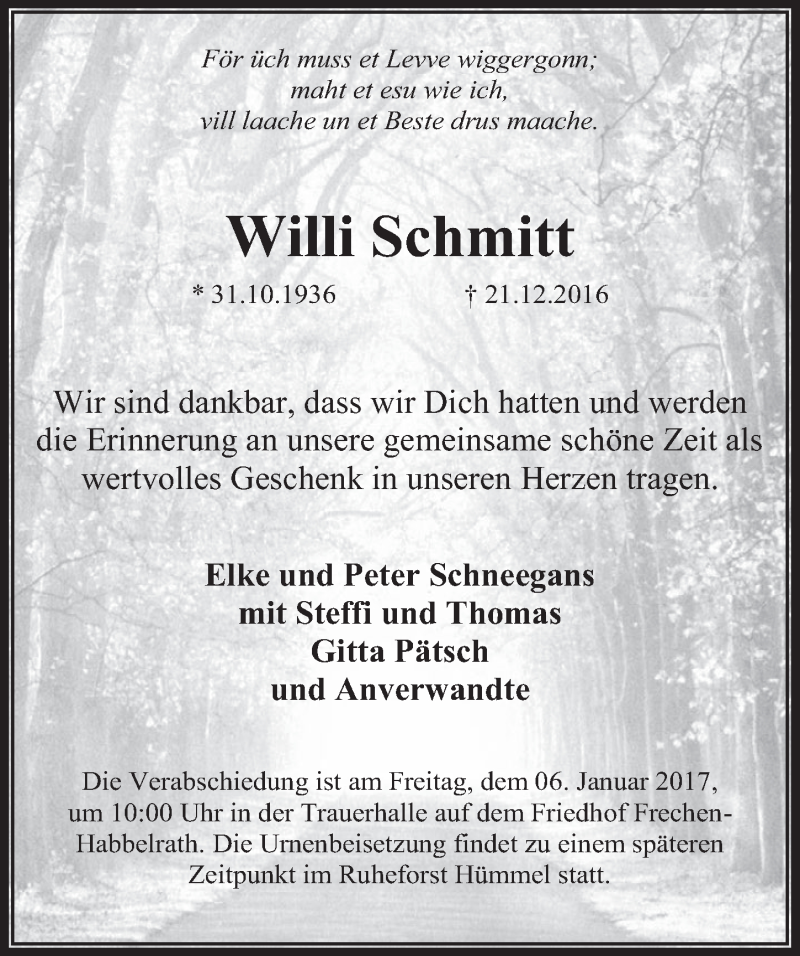  Traueranzeige für Willi Schmitt vom 04.01.2017 aus  Wochenende 