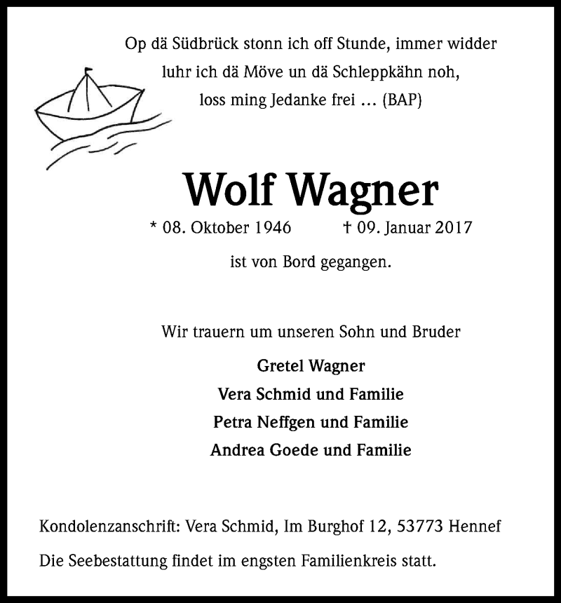  Traueranzeige für Wolf Wagner vom 21.01.2017 aus Kölner Stadt-Anzeiger / Kölnische Rundschau / Express