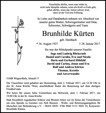Anzeige von Brunhilde Kürten von Kölner Stadt-Anzeiger / Kölnische Rundschau / Express