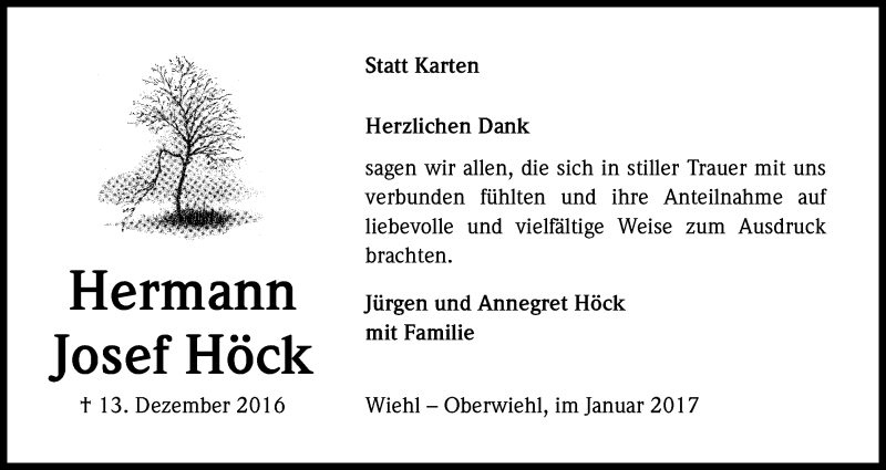 Traueranzeige für Hermann Josef Höck vom 28.01.2017 aus Kölner Stadt-Anzeiger / Kölnische Rundschau / Express