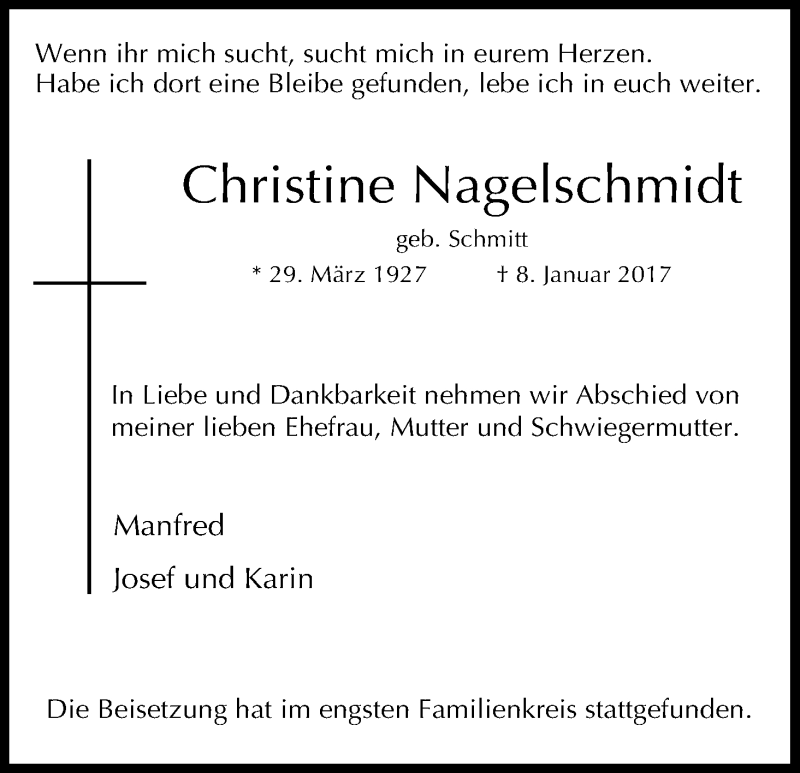  Traueranzeige für Christine Nagelschmidt vom 21.01.2017 aus Kölner Stadt-Anzeiger / Kölnische Rundschau / Express