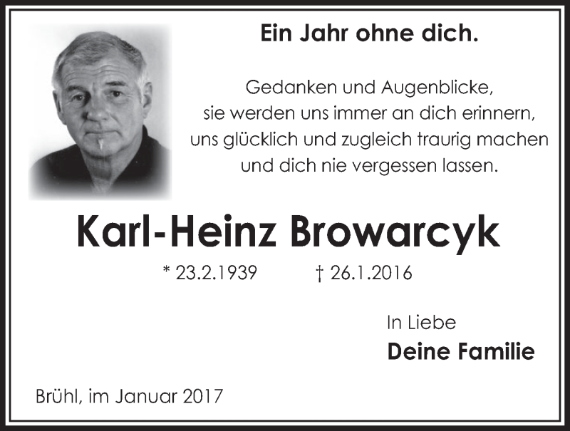  Traueranzeige für Karl-Heinz Browarczyk vom 25.01.2017 aus  Schlossbote/Werbekurier 