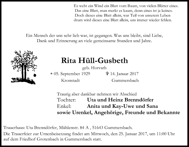  Traueranzeige für Rita Hüll-Gusbeth vom 21.01.2017 aus Kölner Stadt-Anzeiger / Kölnische Rundschau / Express