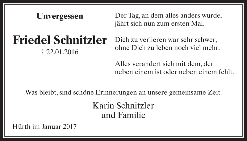  Traueranzeige für Friedel Schnitzler vom 21.01.2017 aus  Sonntags-Post 