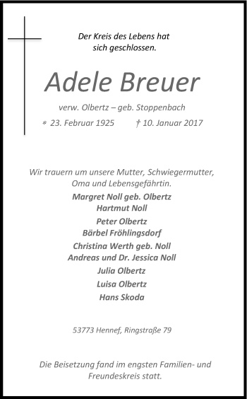 Anzeige von Adele Breuer von Kölner Stadt-Anzeiger / Kölnische Rundschau / Express