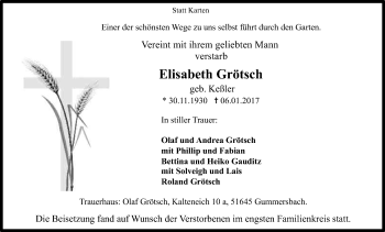 Anzeige von Elisabeth Grötsch von Kölner Stadt-Anzeiger / Kölnische Rundschau / Express