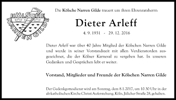 Anzeige von Dieter Arleff von Kölner Stadt-Anzeiger / Kölnische Rundschau / Express