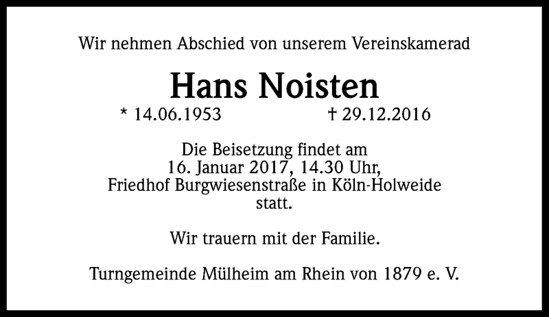  Traueranzeige für Hans Noisten vom 09.01.2017 aus Kölner Stadt-Anzeiger / Kölnische Rundschau / Express
