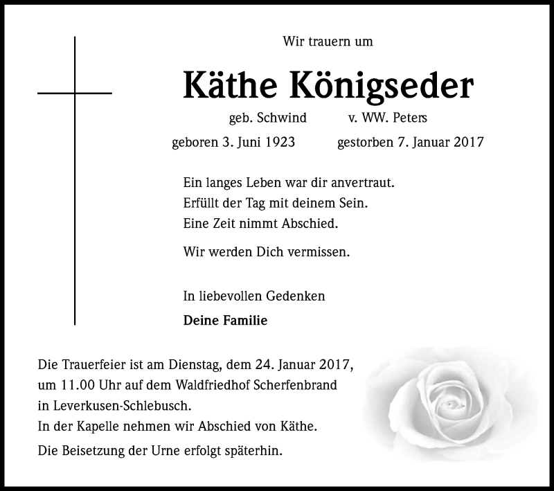  Traueranzeige für Käthe Königseder vom 18.01.2017 aus Kölner Stadt-Anzeiger / Kölnische Rundschau / Express