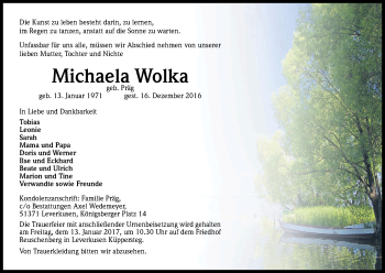 Anzeige von Michaela Wolka von Kölner Stadt-Anzeiger / Kölnische Rundschau / Express