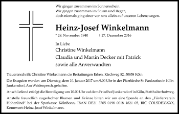 Anzeige von Heinz-Josef Winkelmann von Kölner Stadt-Anzeiger / Kölnische Rundschau / Express