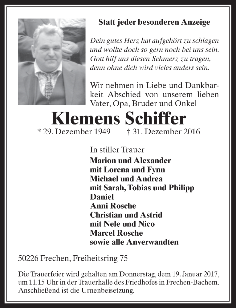  Traueranzeige für Klemens Schiffer vom 11.01.2017 aus  Wochenende 