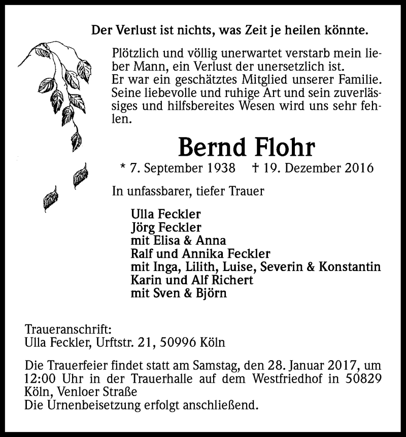  Traueranzeige für Bernd Flohr vom 21.01.2017 aus Kölner Stadt-Anzeiger / Kölnische Rundschau / Express