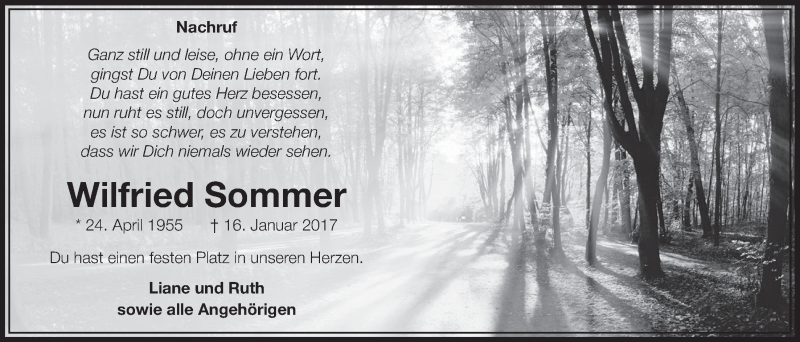  Traueranzeige für Wilfried Sommer vom 28.01.2017 aus  Sonntags-Post 
