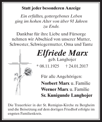 Anzeige von Elfriede Marx von  Werbepost 
