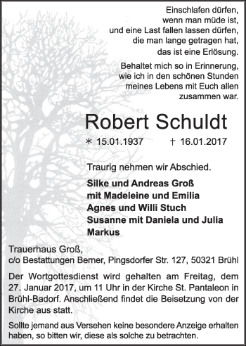 Anzeige von Robert Schuldt von  Schlossbote/Werbekurier 