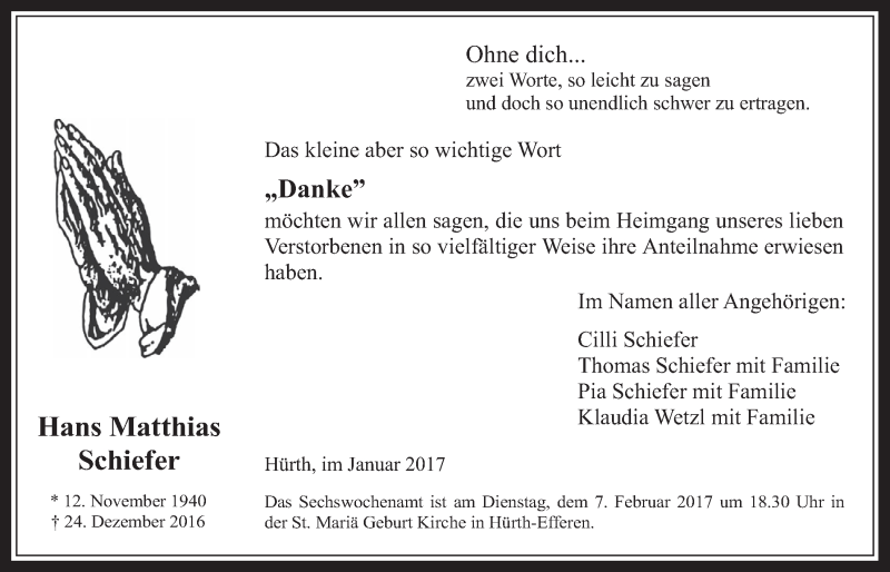  Traueranzeige für Hans Matthias Schiefer vom 18.01.2017 aus  Wochenende 