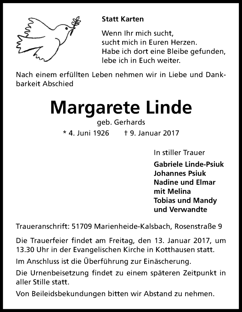  Traueranzeige für Margarete Linde vom 11.01.2017 aus Kölner Stadt-Anzeiger / Kölnische Rundschau / Express