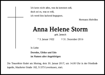 Anzeige von Anna Helene Storm von Kölner Stadt-Anzeiger / Kölnische Rundschau / Express