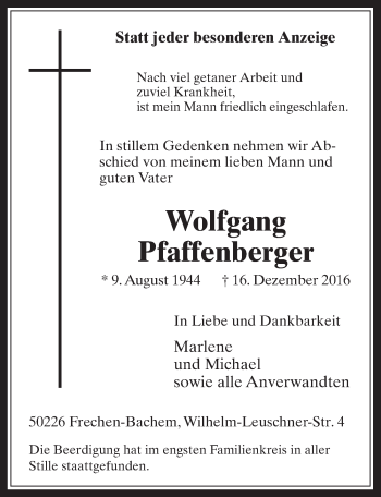 Anzeige von Wolfgang Pfaffenberger von  Wochenende 