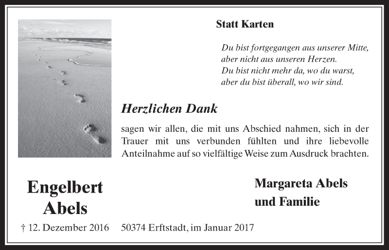  Traueranzeige für Engelbert Abels vom 11.01.2017 aus  Wochenende  Werbepost 