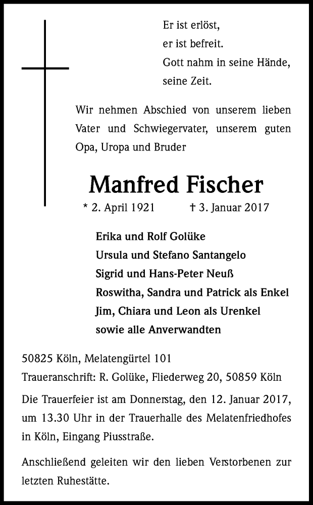  Traueranzeige für Manfred Fischer vom 09.01.2017 aus Kölner Stadt-Anzeiger / Kölnische Rundschau / Express