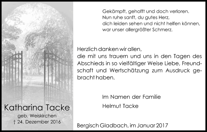  Traueranzeige für Katharina Tacke vom 21.01.2017 aus Kölner Stadt-Anzeiger / Kölnische Rundschau / Express