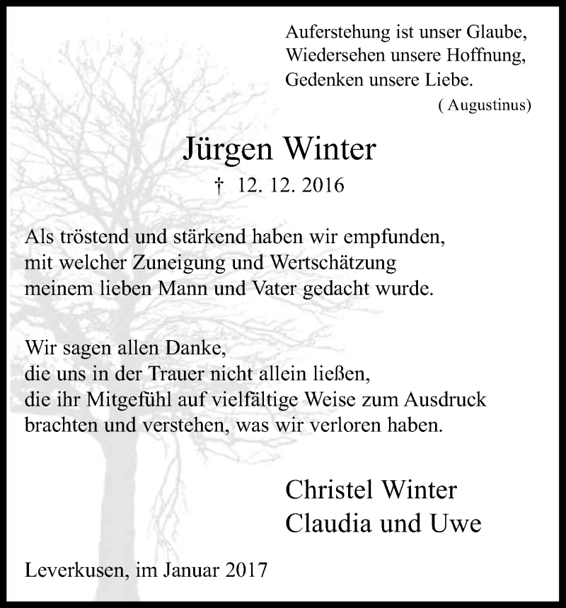  Traueranzeige für Jürgen Winter vom 28.01.2017 aus Kölner Stadt-Anzeiger / Kölnische Rundschau / Express