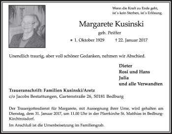 Anzeige von Margarete Kusinski von  Sonntags-Post 