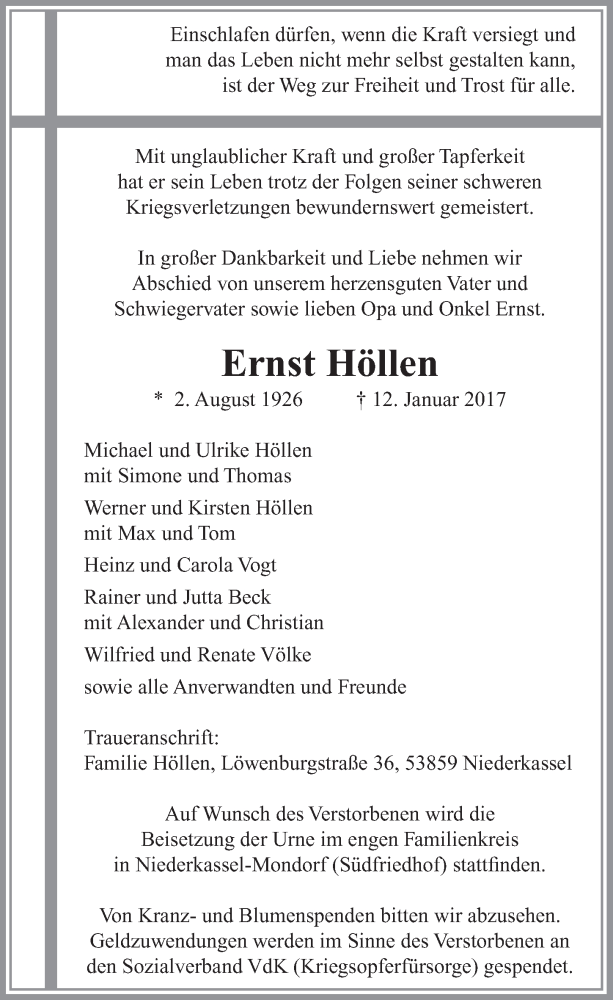  Traueranzeige für Ernst Höllen vom 18.01.2017 aus  Extra Blatt 