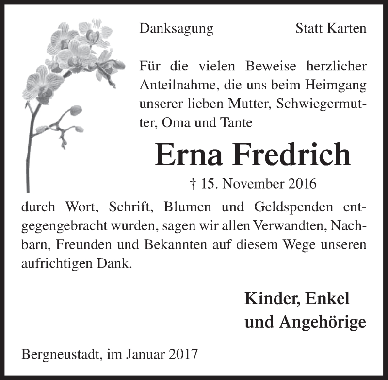  Traueranzeige für Erna Fredrich vom 25.01.2017 aus  Anzeigen Echo 