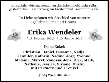 Anzeige von Erika Wendeler von Kölner Stadt-Anzeiger / Kölnische Rundschau / Express