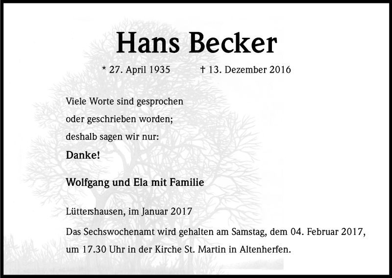  Traueranzeige für Hans Becker vom 28.01.2017 aus Kölner Stadt-Anzeiger / Kölnische Rundschau / Express