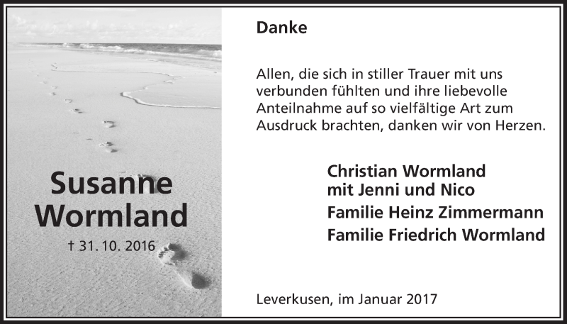  Traueranzeige für Susanne Wormland vom 11.01.2017 aus  Lokale Informationen 