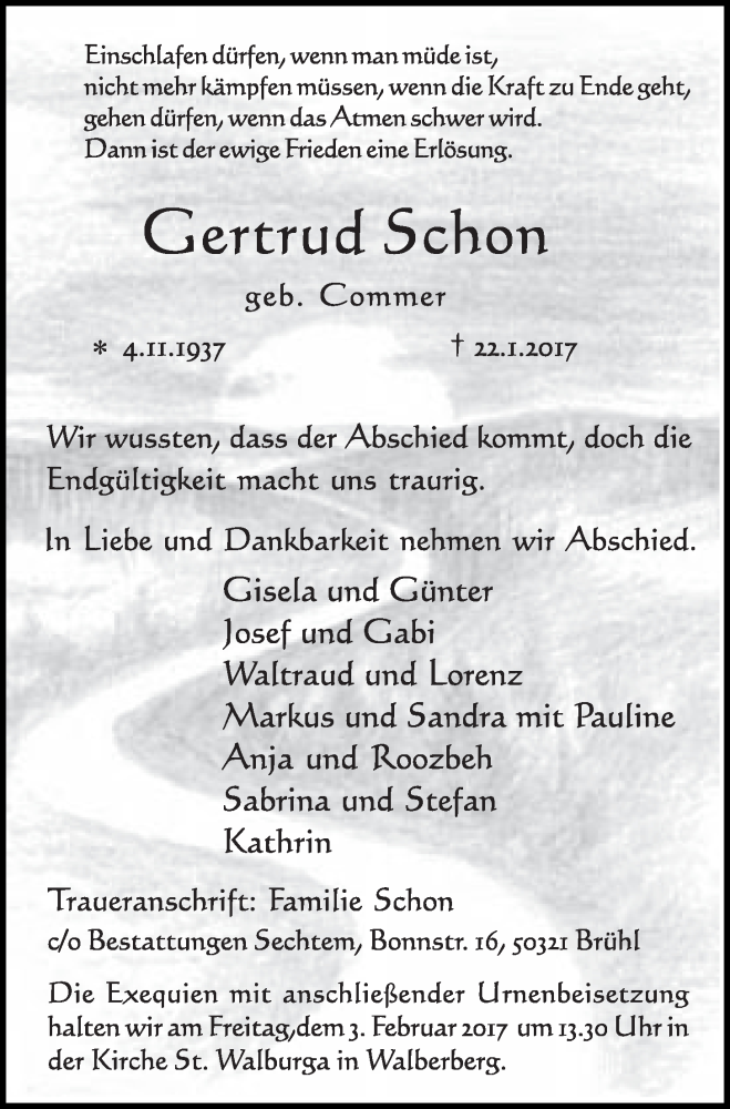  Traueranzeige für Gertrud Schon vom 01.02.2017 aus  Schlossbote/Werbekurier 