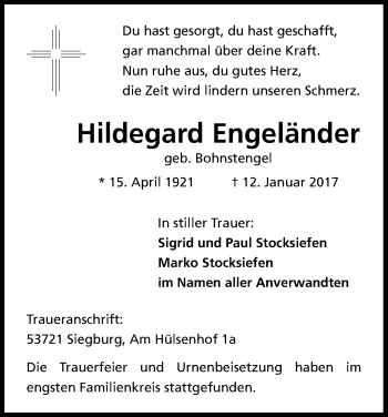 Anzeige von Hildegard Engeländer von Kölner Stadt-Anzeiger / Kölnische Rundschau / Express