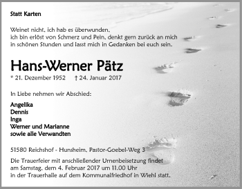 Anzeige von Hans-Werner Pätz von  Anzeigen Echo 