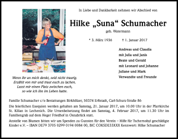 Anzeige von Hilke Suna Schumacher von Kölner Stadt-Anzeiger / Kölnische Rundschau / Express