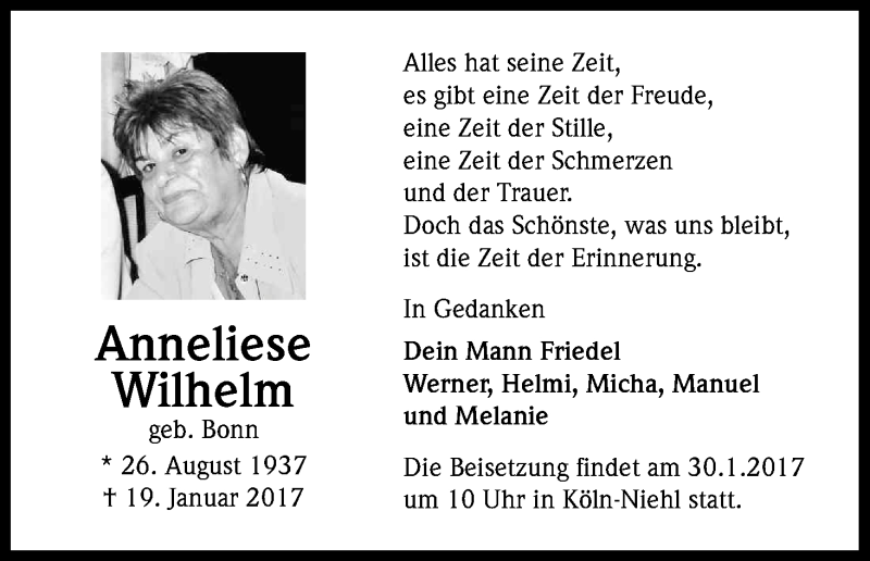  Traueranzeige für Anneliese Wilhelm vom 23.01.2017 aus Kölner Stadt-Anzeiger / Kölnische Rundschau / Express