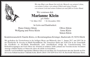 Anzeige von Marianne Klein von  Wochenende 