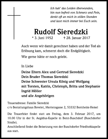 Anzeige von Rudolf Sieredzki von Kölner Stadt-Anzeiger / Kölnische Rundschau / Express