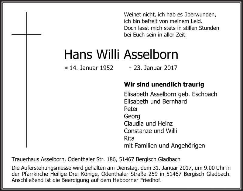  Traueranzeige für Hans Willi Asselborn vom 28.01.2017 aus  Bergisches Sonntagsblatt 