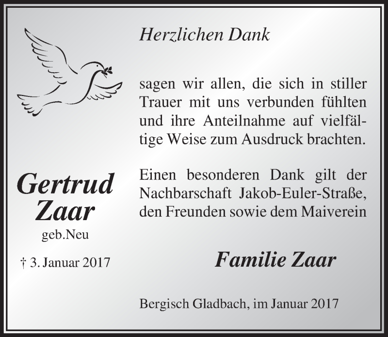  Traueranzeige für Gertrud Zaar vom 21.01.2017 aus  Bergisches Sonntagsblatt 
