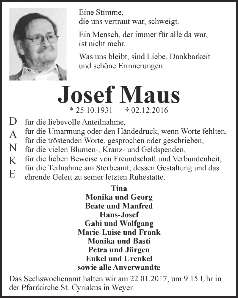  Traueranzeige für Josef Maus vom 14.01.2017 aus  Blickpunkt Euskirchen 