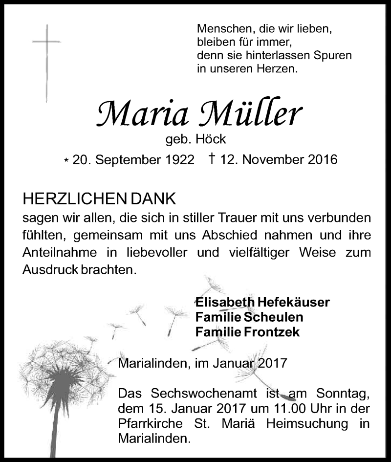  Traueranzeige für Maria Müller vom 07.01.2017 aus Kölner Stadt-Anzeiger / Kölnische Rundschau / Express