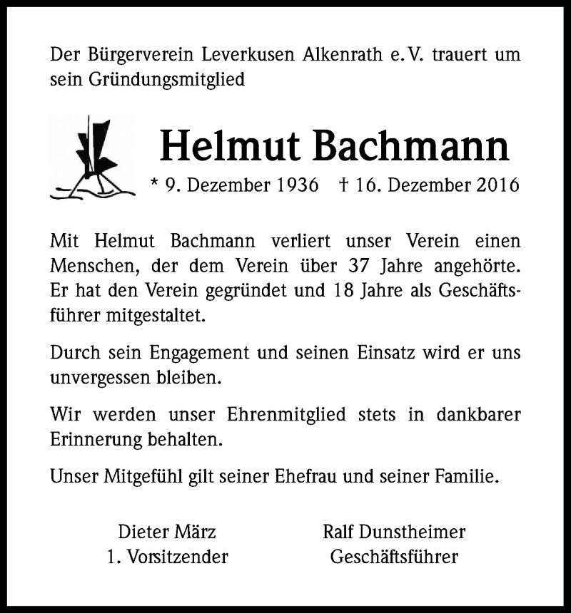  Traueranzeige für Helmut Bachmann vom 05.01.2017 aus Kölner Stadt-Anzeiger / Kölnische Rundschau / Express