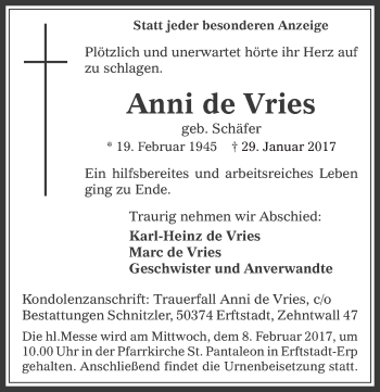 Anzeige von Anni de Vries von  Werbepost 