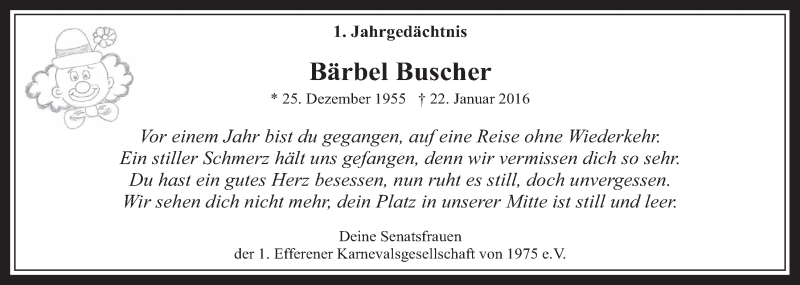 Traueranzeige für Bärbel Buscher vom 18.01.2017 aus  Wochenende 