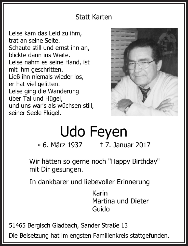  Traueranzeige für Udo Feyen vom 18.01.2017 aus  Bergisches Handelsblatt 
