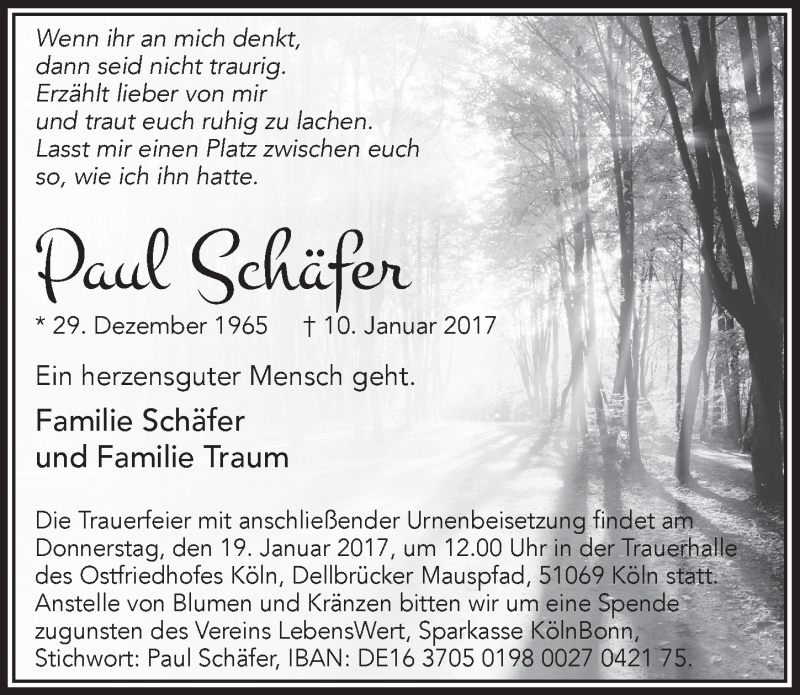  Traueranzeige für Paul Schäfer vom 18.01.2017 aus  Kölner Wochenspiegel 